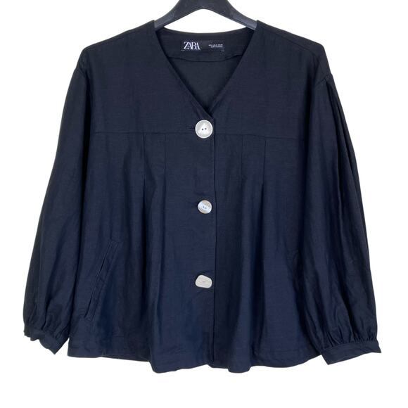 Zara Jackets & Blazers - Zara Sz M Twee Chunky Button Front Short Swing Jacket Blazer Linen Blend Black